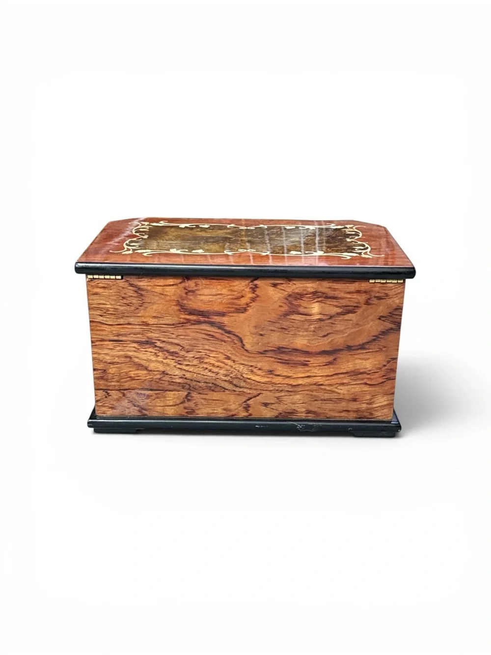 Vintage Italian Inlaid Burl Wood Glossy Jewelry Chest Box Inlayed Burl Wood Box